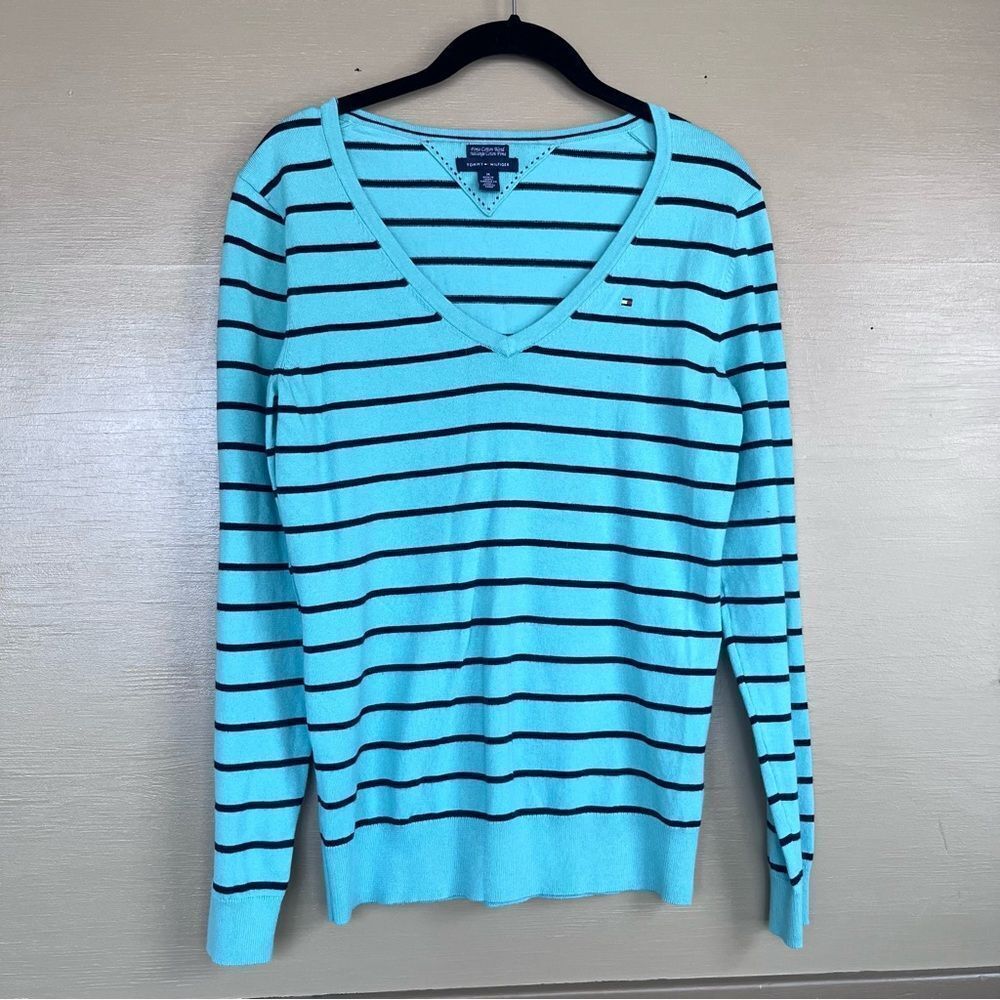 Tommy Hilfiger Stripped Sweater Pima Cotton Blend V-Neck Preppy Medium